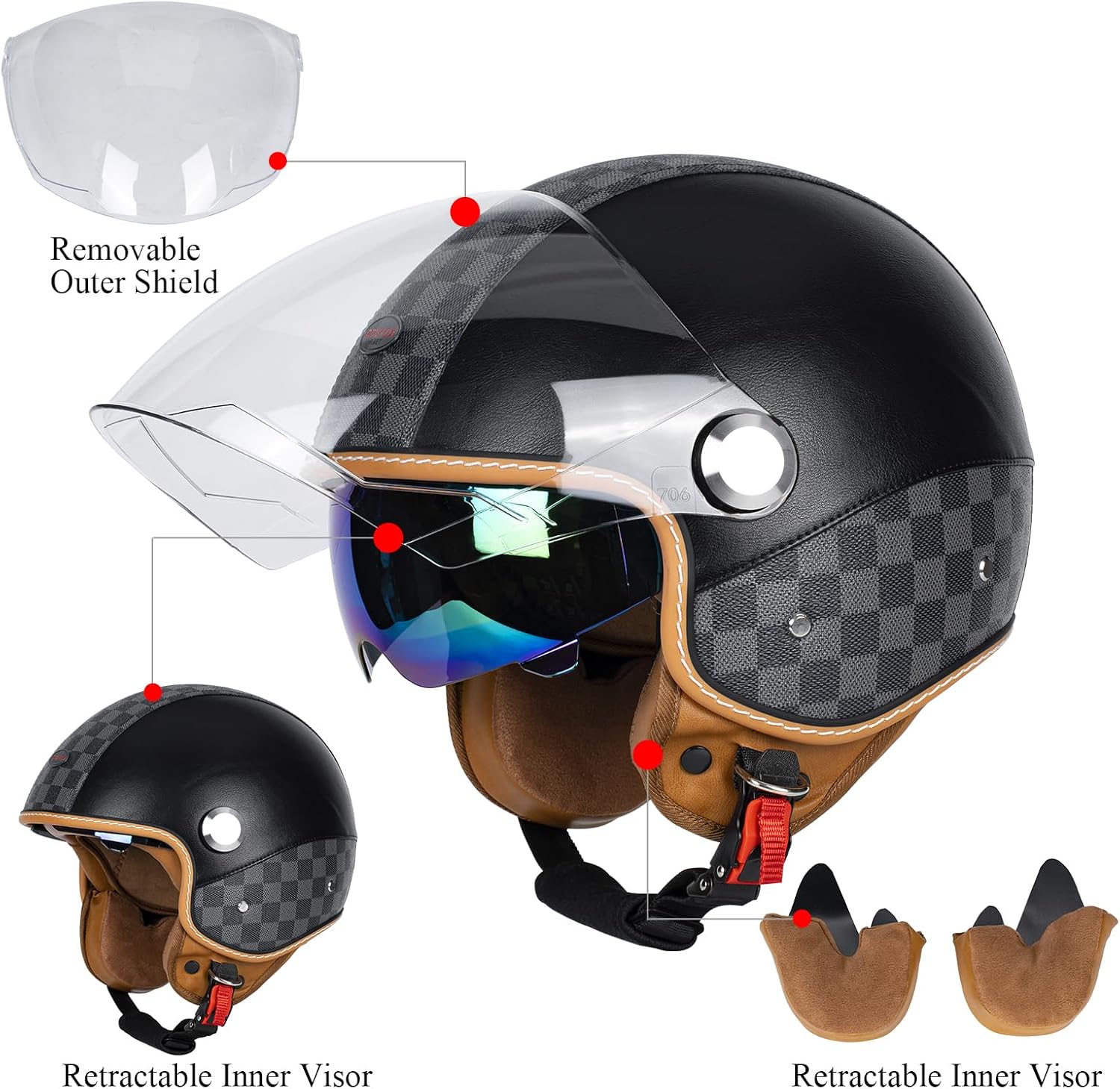 Dual Visor 3/4 Open Face Motorcycle Helmet for Men & Women, DOT Approved Unisex Retro Half Helmet，Motorbike Casco for Moped Cruiser Bobber and Chopper