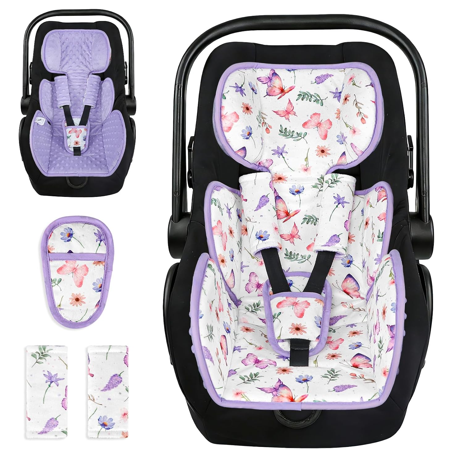 Infant Car Seat Insert with 3 Straps Covers, Ultra-Thick Baby Car Seat Head Support for Side Impact Protection, Minky Dot Baby Car Seat Cushion, Universal Purple Carseat Head Support for Newborn