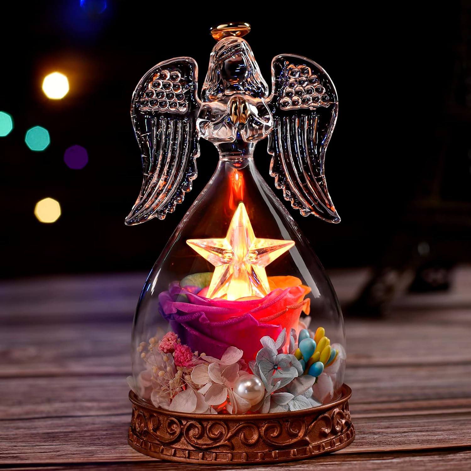 Clheatky Preserved Real Rose in Angel Glass with LED Lights Angel Gifts for Women Mom Grandma Friends on Mother's Day Birthday Anniversary Wedding Valentine's Day Thanksgiving Christmas (Colour-01)