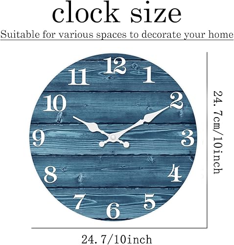 Miniatura 6 de XFM Reloj de pared azul de 10 pulgadas, funciona con pilas, reloj de pared de madera silenciosa estilo campestre retro rústico decorativo para