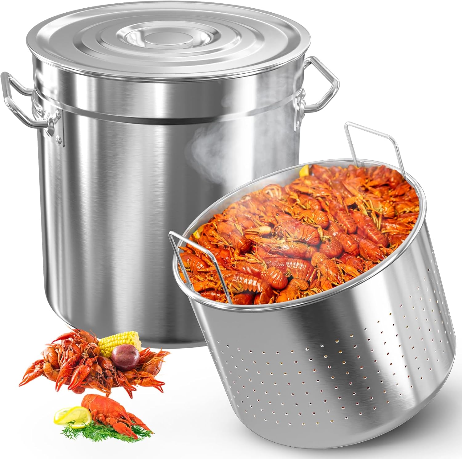 36-Quart Stainless Steel Seafood Boil Pot with Lid,Crab, Lobster, Shrimp Boil Stock with Strainer, Turkey Fryer Pot, Stock Boiler Deep,Fried Cooker for Commercial Outdoors 36 Quarts