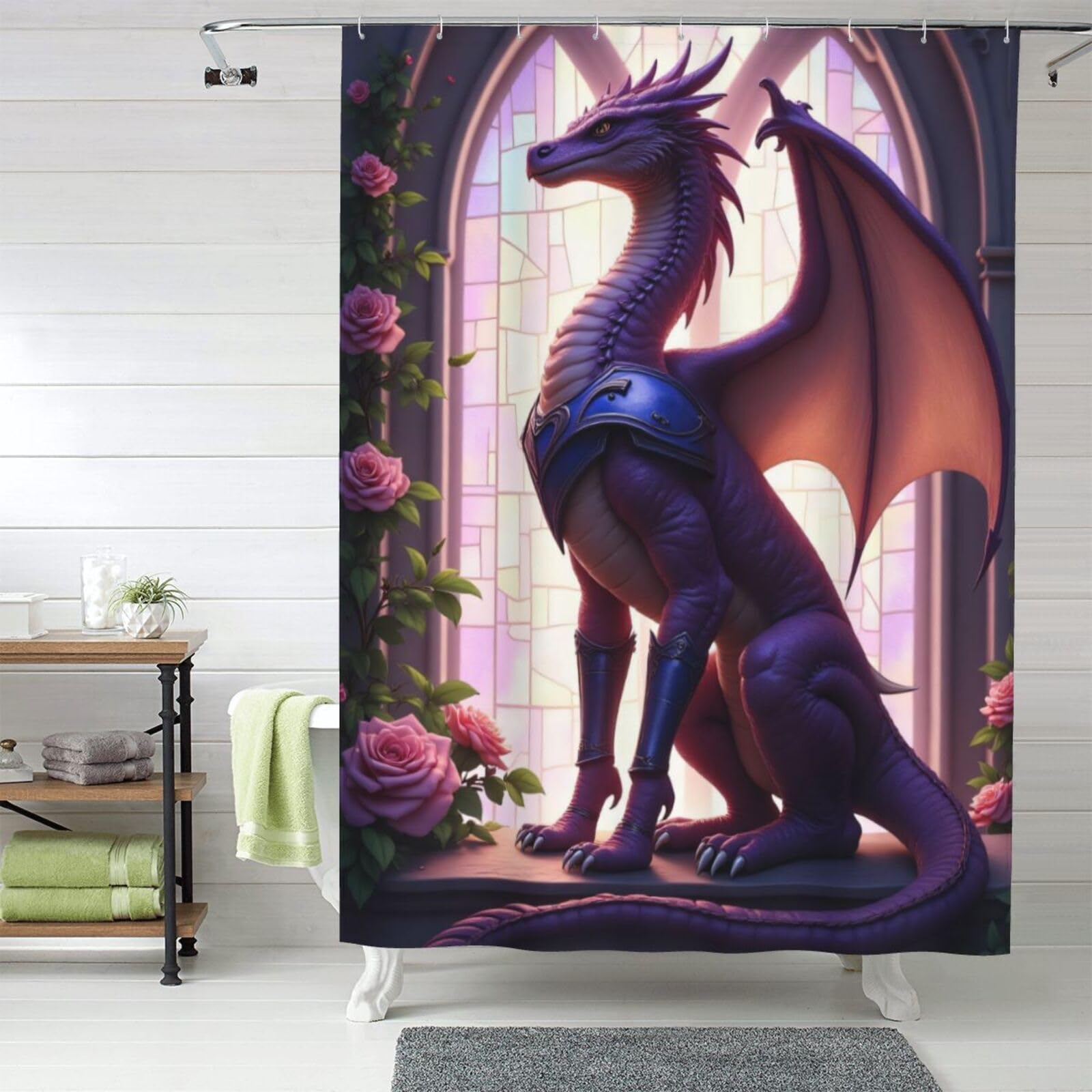 Rideau de douche dragon pour créer une ambiance spa zen et fleurie