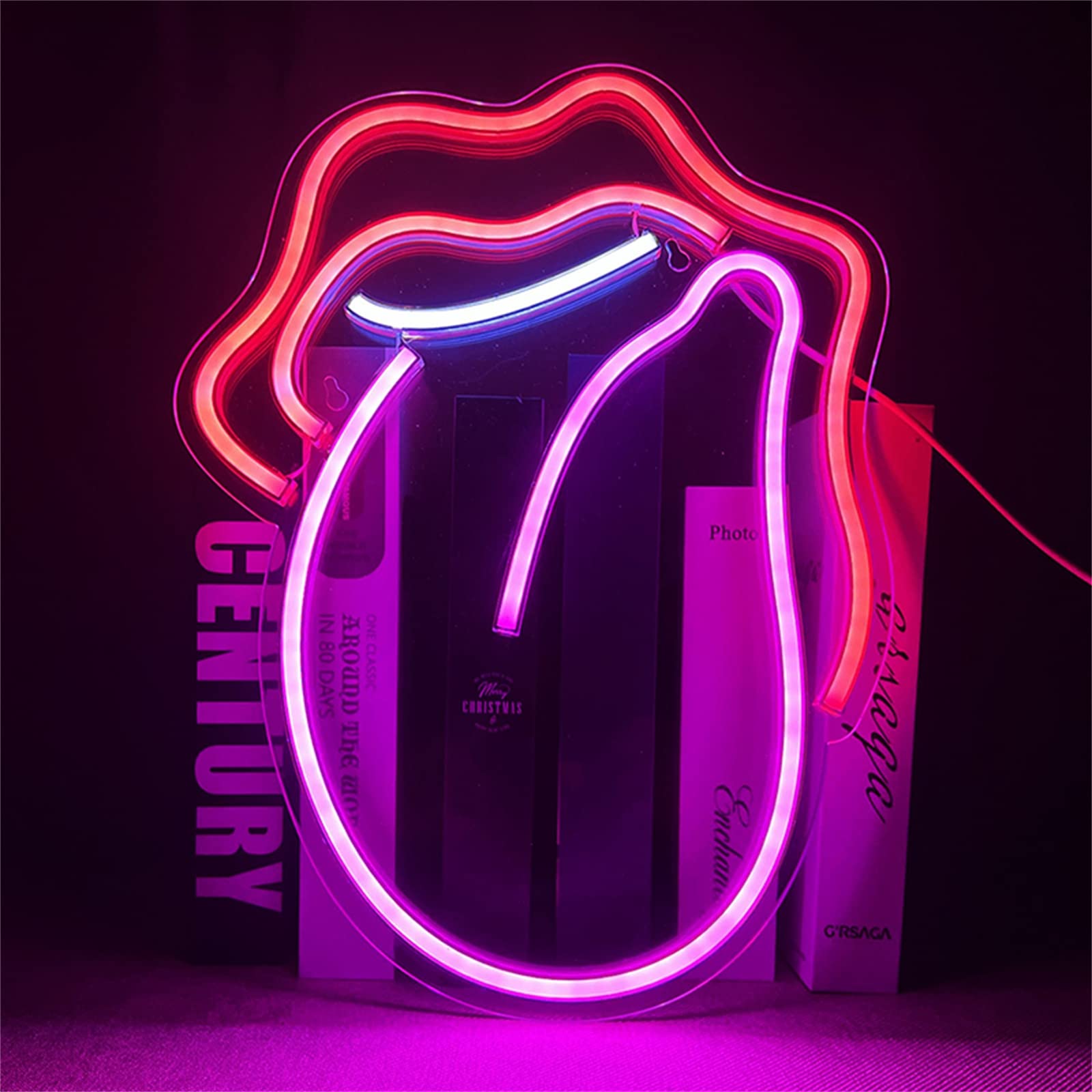 Letrero de luz de neón LED Letreros de neón de boca sexy, Luces de neón LED USB para labios y lengua para decoración de bar, Letrero luminoso para colgar en la pared de la ventana con interruptor, 32x