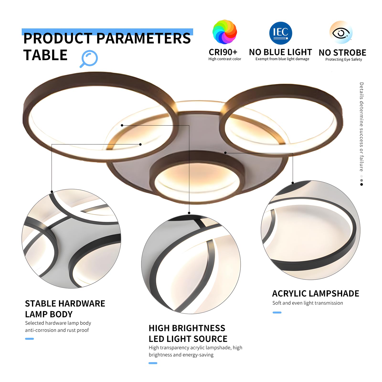 Nowoczesna LED Lampa Sufitowa, Ø53cm Czarna Lampa Multi Circle, 42W Płynną Regulacją Ściemniania 3000-6000K, Okrągły Metalowy Żyrandol + Akrylowy Żyrandol, Sypialnia Salon (4 Pierścienie)