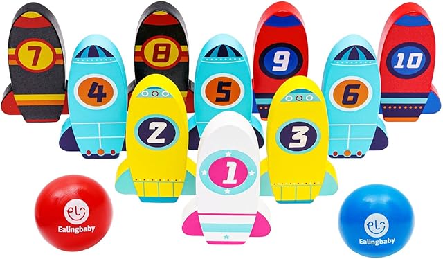 Wooden Bowling Toy Kids Bowling Toy Set with 10 Bowling Pins 2 Balls Wooden Skittle Set with Numbers, Toddlers Indoor Outdoor Activity Play Game for 2 3 4 5 Years Old Kids Boys & Girls