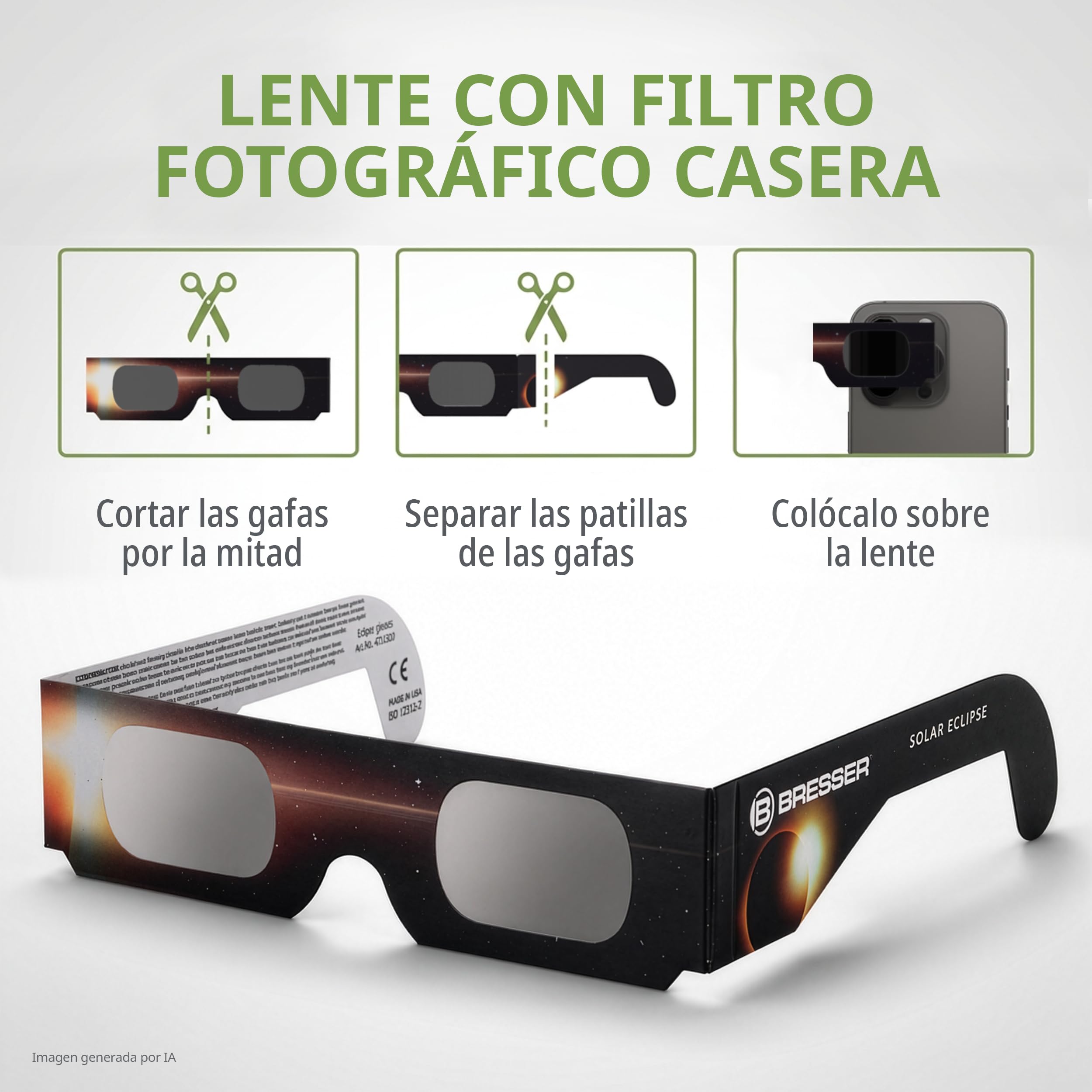 Bresser Gafas Eclipse Solar homologadas CE ISO 12312-2 pack 100 Diseño B | Absolutamente seguras, listas para los eclipses solares 2026, 2027, 2028, lámina astrosolar, imagen solar amarilla natural