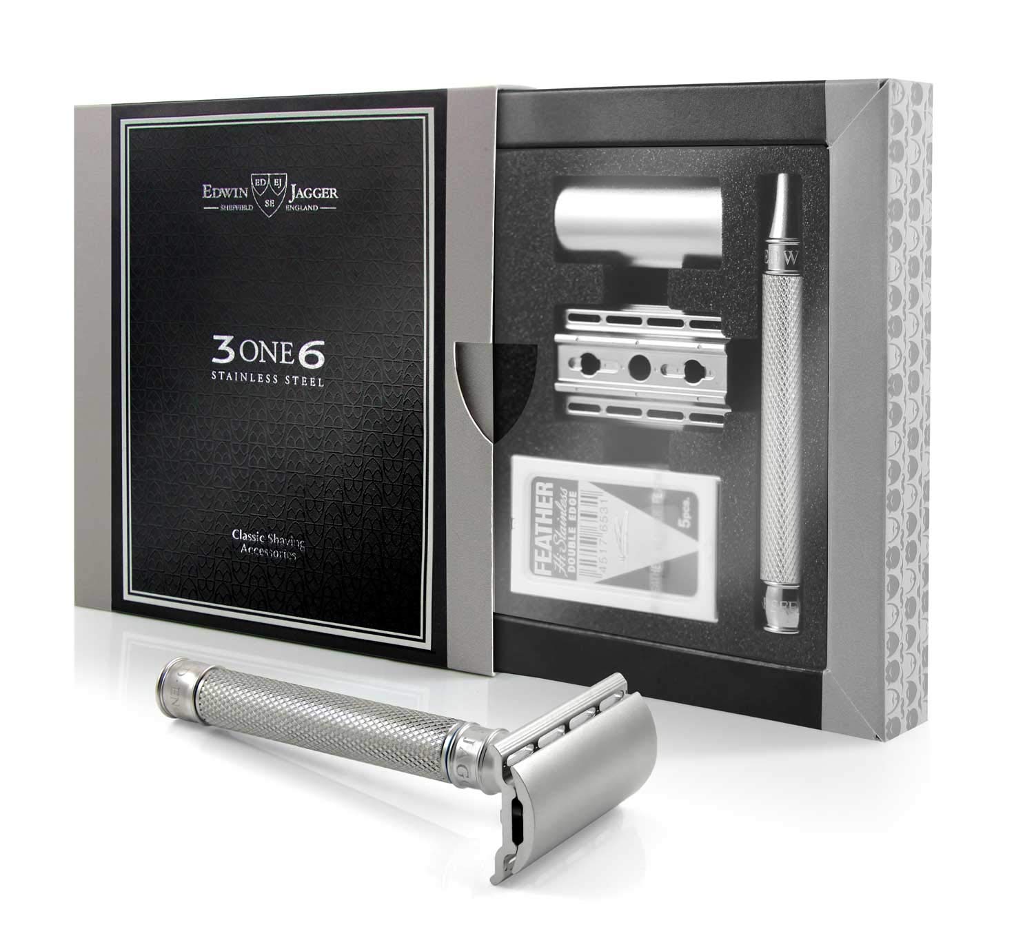 Edwin Jagger 3ONE6 DE Stainless Steel Safety Razor, Grooved, 1x Pack of Razor Blades (Stainless-Knurled)