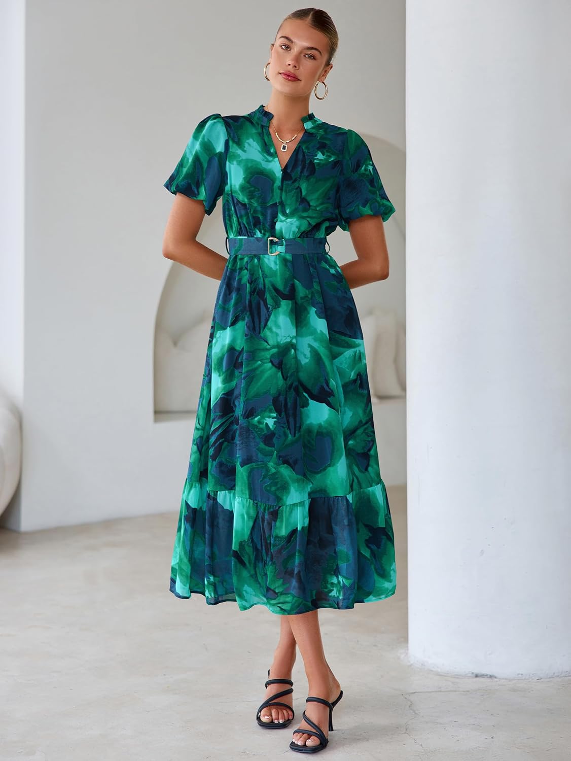 Simplee Womens Summer Boho Floral Midi Dress Casual Beach Wedding Guest Chiffon A Line Belted Long Flowy Holiday Dresses 2026 - Image 4