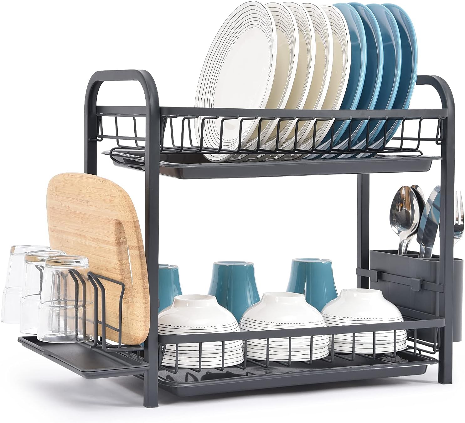 KINGRACK Dish Drying Rack 2 tier with Drip Trays,Cutlery /Cup Holder, Cutting Board Holder & Mini Draining Board,Large Dish Drainer Rack for Kitchen Countertop or Sink