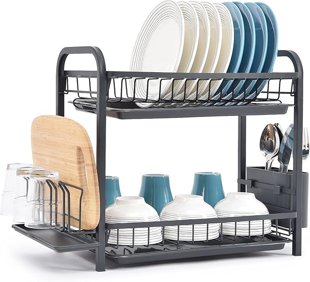 KINGRACK Dish Drying Rack,Dish Rack 2 tier,Dish Drainers with Drip Trays,Cutlery Holder,Cup Holder, Cutting Board Holder & Mini Draining Board,Large Dish Drainer Rack for Kitchen Countertop or Sink