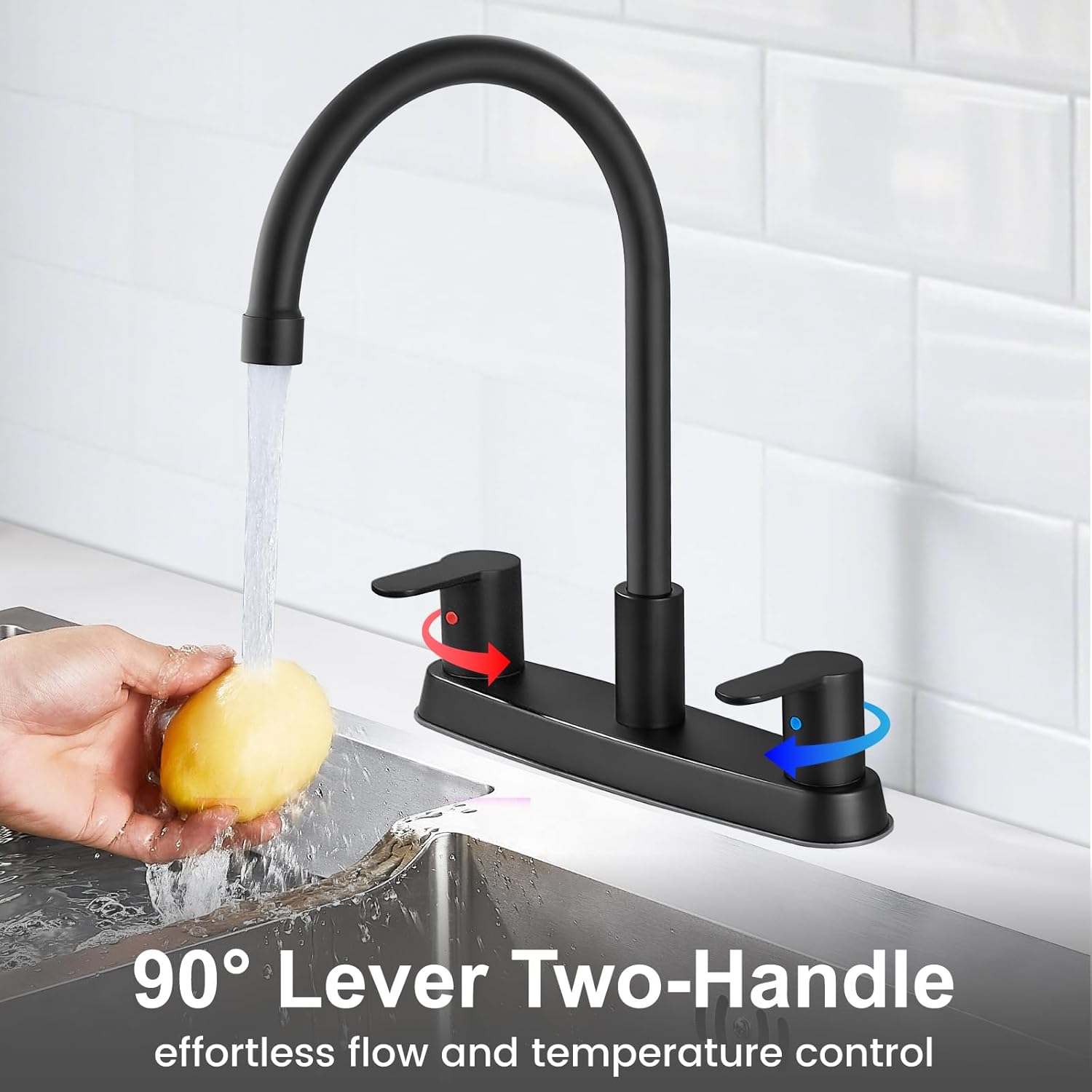 8 Inch Centerset Kitchen Faucet for Sink 3 Hole Dual Handle Kitchen Sink Faucets High Arc 360 Degree Rotating Spout with Supply Lines, Matte Black, Without Side Sprayer
