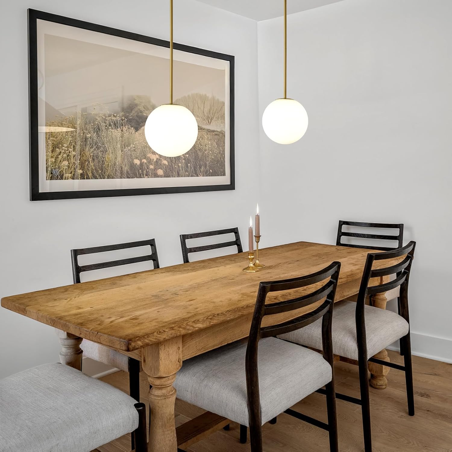 EGM 8-Inch Glass Globe Pendant Light for Kitchen Island Over Table, Brass Gold Dining Room Pendant Lighting, Mid Century Modern Hanging Light Fixture with White Glass Lampshade, E26