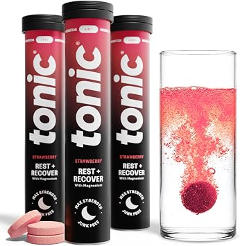 Tonic Health Rest and Recovery Effervescent Tablets - 300mg Elemental Magnesium, Ashwagandha, Lemon Balm - No Sugar, Magnesium Glycinate - Relax and Recharge, Calming Cherry 60 Count