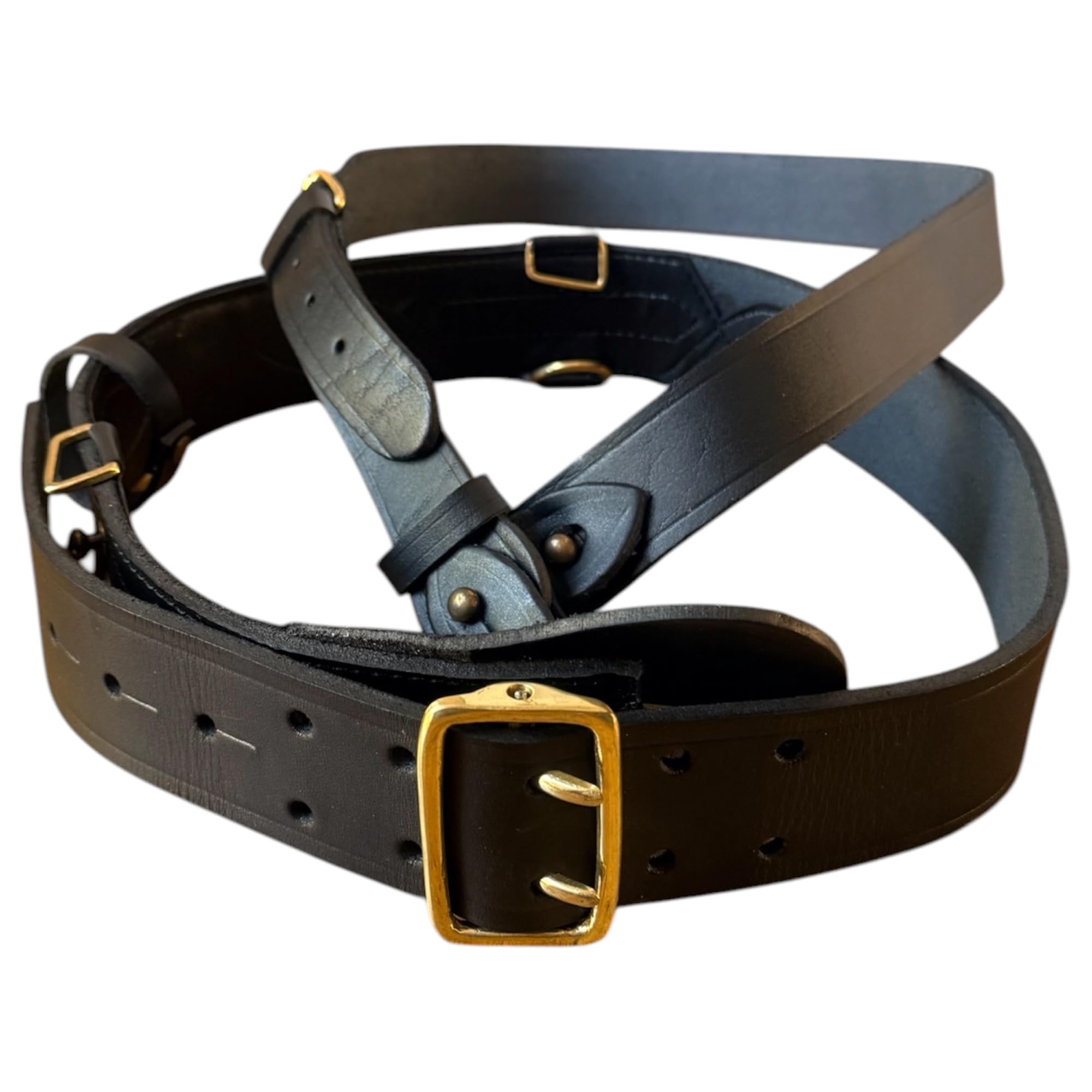 Sam Browne - Cinturón con correa para el hombro, cinturón de cuero genuino estilo policía y militar, cinturón ajustable de cuero negro con hebillas de latón macizo para uniformes, ceremonias y