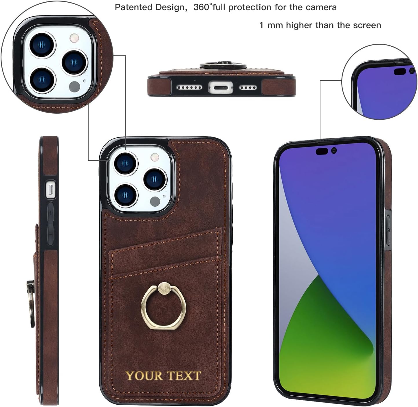 Custom Name Initials Wallet Case for Apple iPhone 15 14 Pro Max 13 12 Mini 11 XR XS X 8 7 Plus SE Phone,Personalized Text Leather Cover with 360°Rotating Ring Stand Card Holder