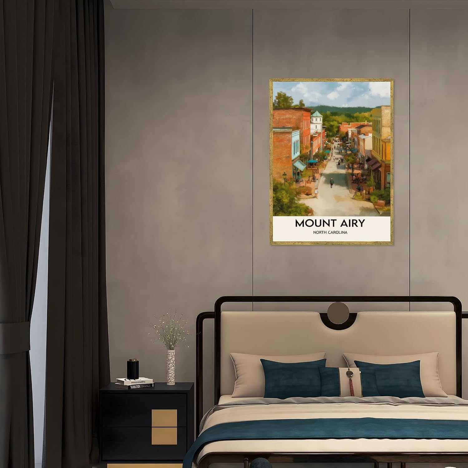 Large Gold Framed Mount Airy North Carolina Travel Canvas Wall Art Vintage Small Town Street Landscape Painting Poster Colorful Vacation American City Hometown Artwork Print for Home Decor 24x36inch
