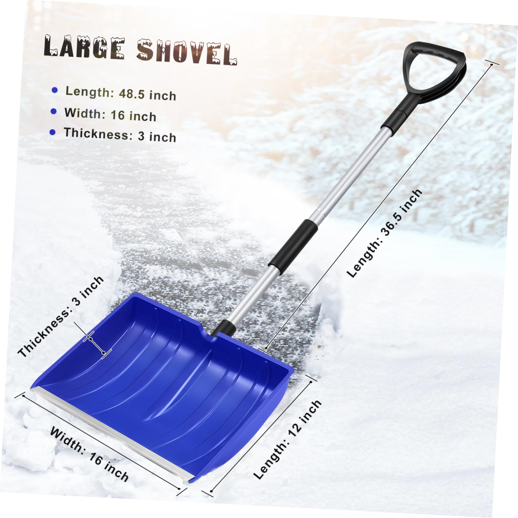 Pala de Nieve Grande de PP y Aleación de Aluminio con Mango Ajustable | Azul, Empuñadura en D Antideslizante, Diseño Ergonómico de Gran Capacidad, para Jardín y Carretera