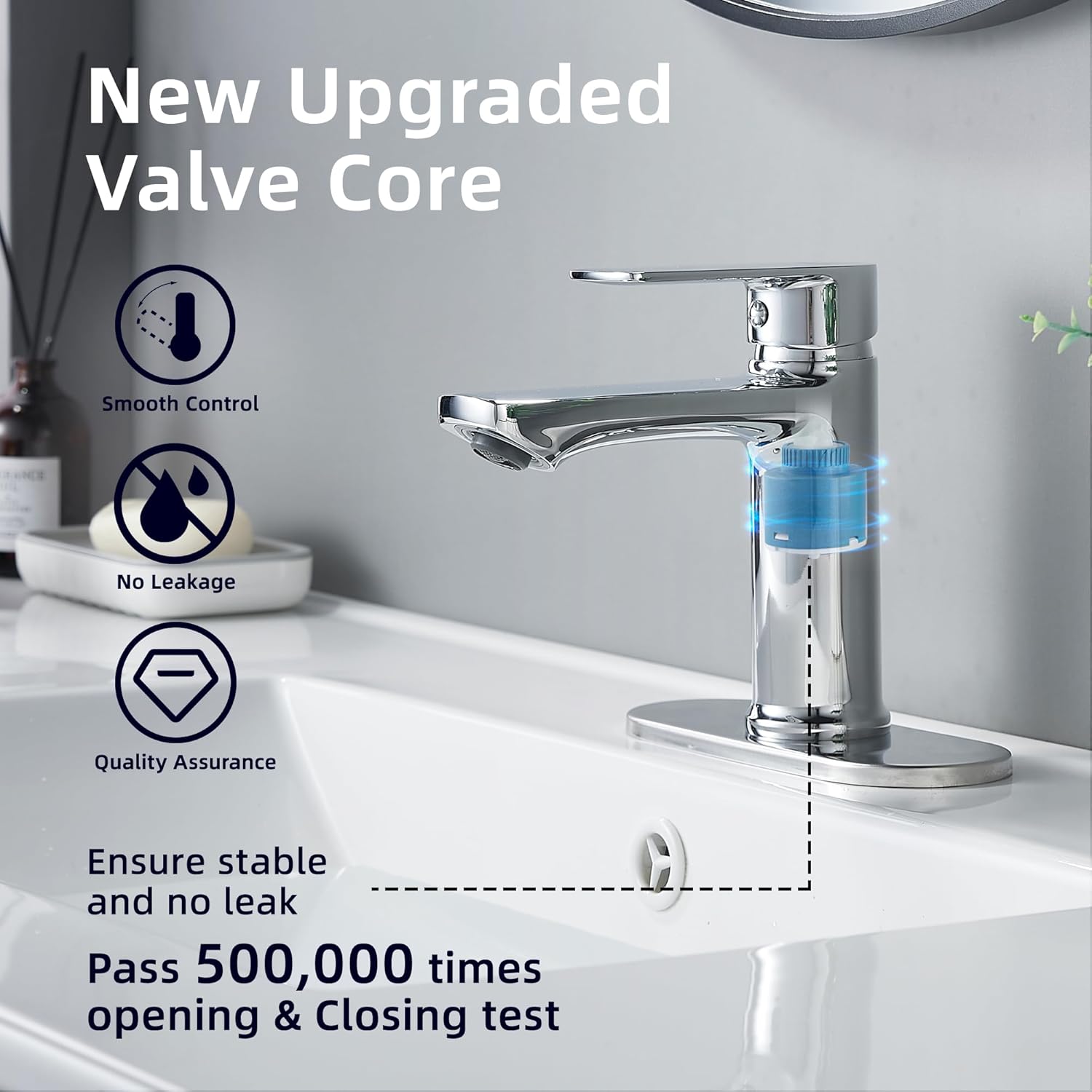 BELZ Chrome Bathroom Faucet, Modern Single Handle One Hole Bath Vanity Sink Faucets with Pop Up Drain and Deck Plate for 1 or 3 Holes - Image 4