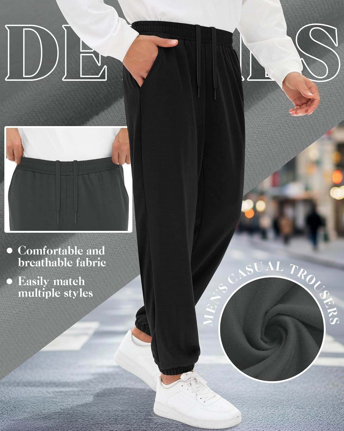 3 Pack Men's Joggers Sweatpants Athletic Elastic Cuffed Pants Tapered Leg Elastic Hidden Drawstring with Pockets