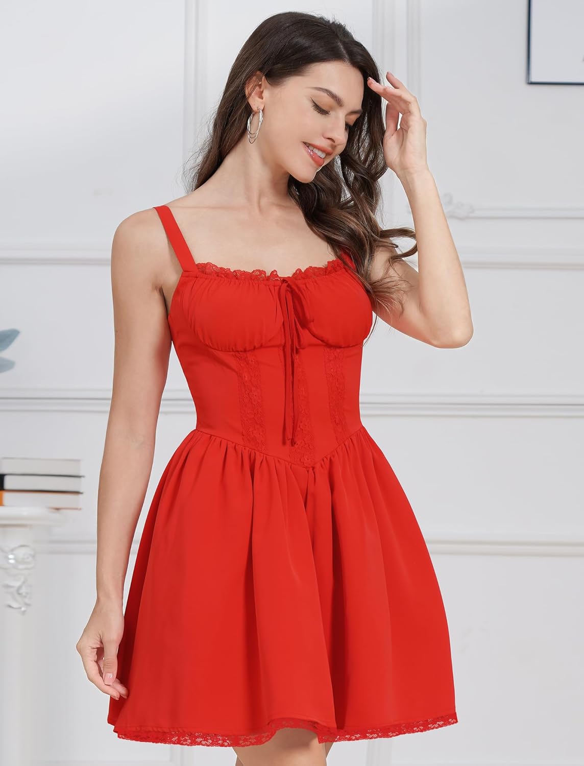 ABAFIP Women's Corset Mini Dress Spaghetti Straps Backless Lace up Low Cut Ruffle Short Dress Sundress - Image 3