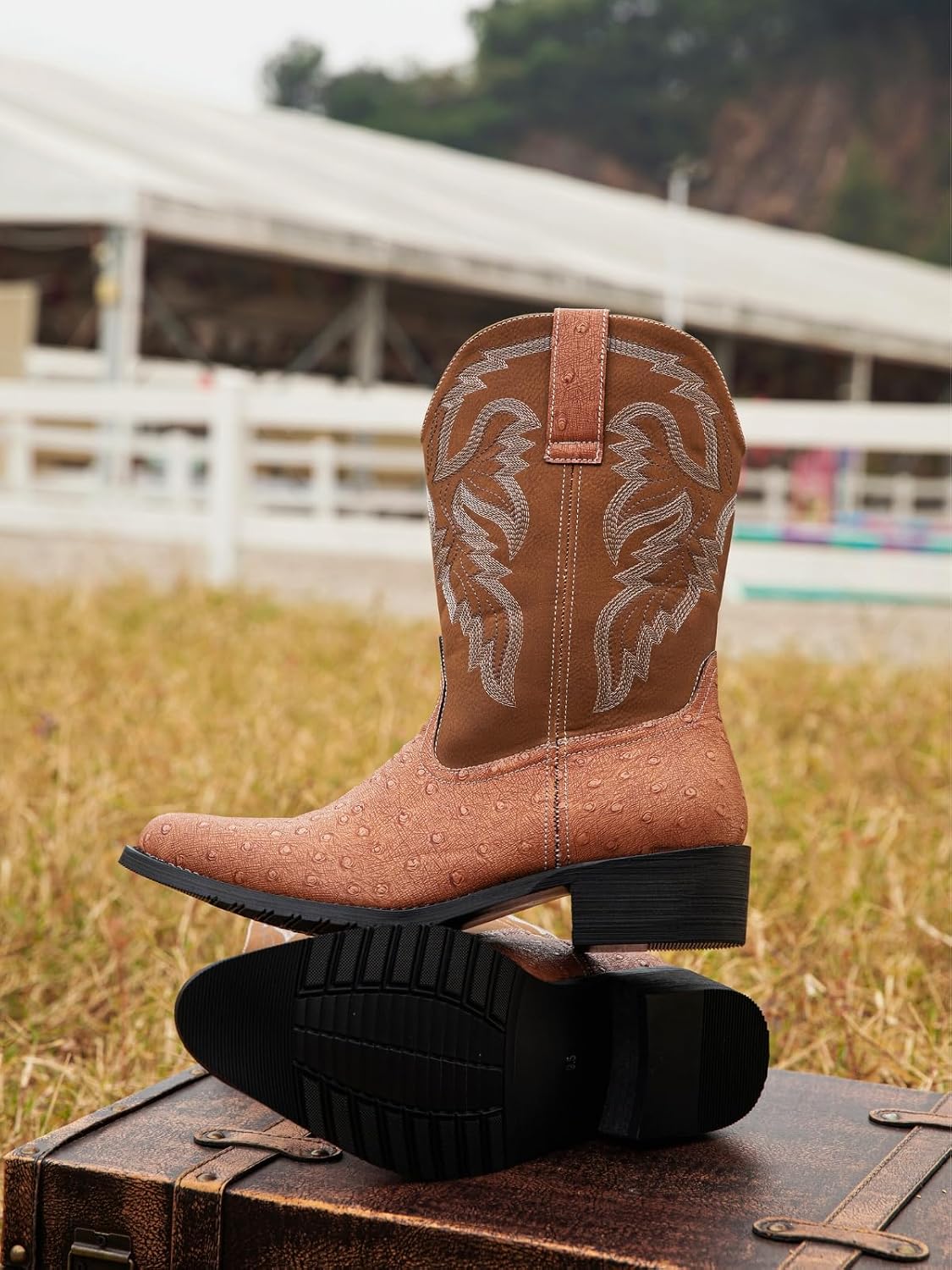 Men's Western Cowboy Boots, Ostrich Embossed Synthetic Leather, Embroidered Pull On, Slip Resistant, Multiple Colors