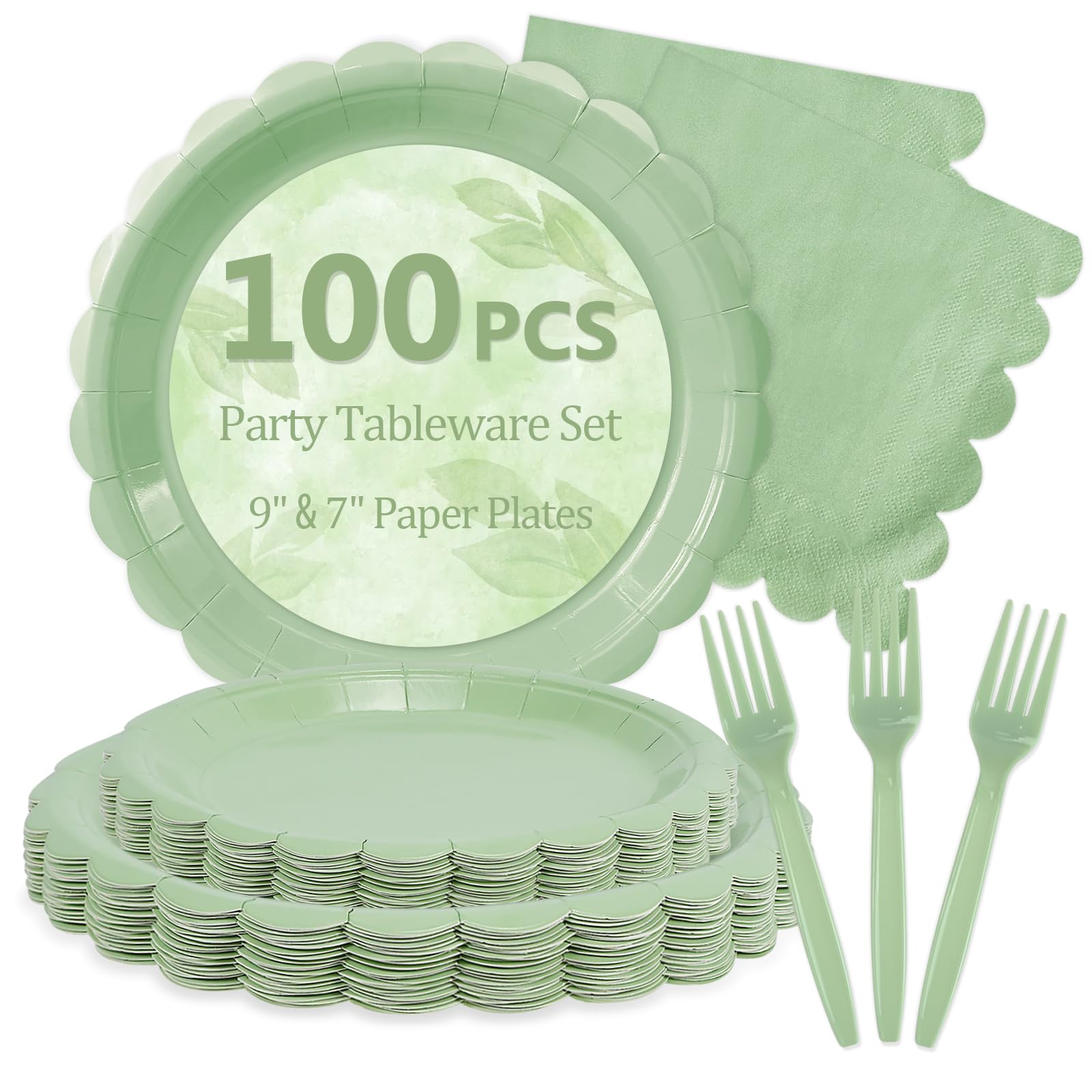 100 Pcs Sage Green Paper Plates and Napkins Disposable Set for Baby Shower