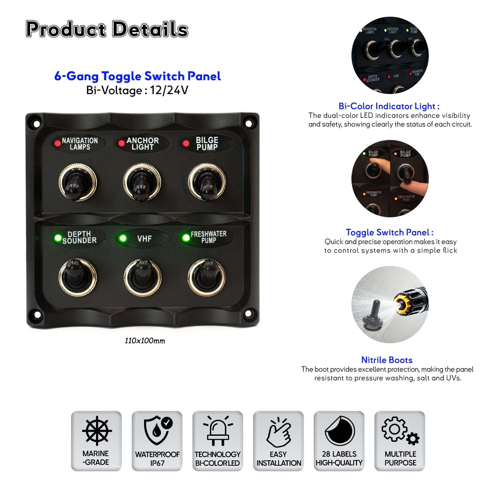 Panel de interruptor de 6 vías basculante con indicador LED impermeable IP66 12/24V Bi-color para barco, furgonetas, camping-Car (TSP6W)
