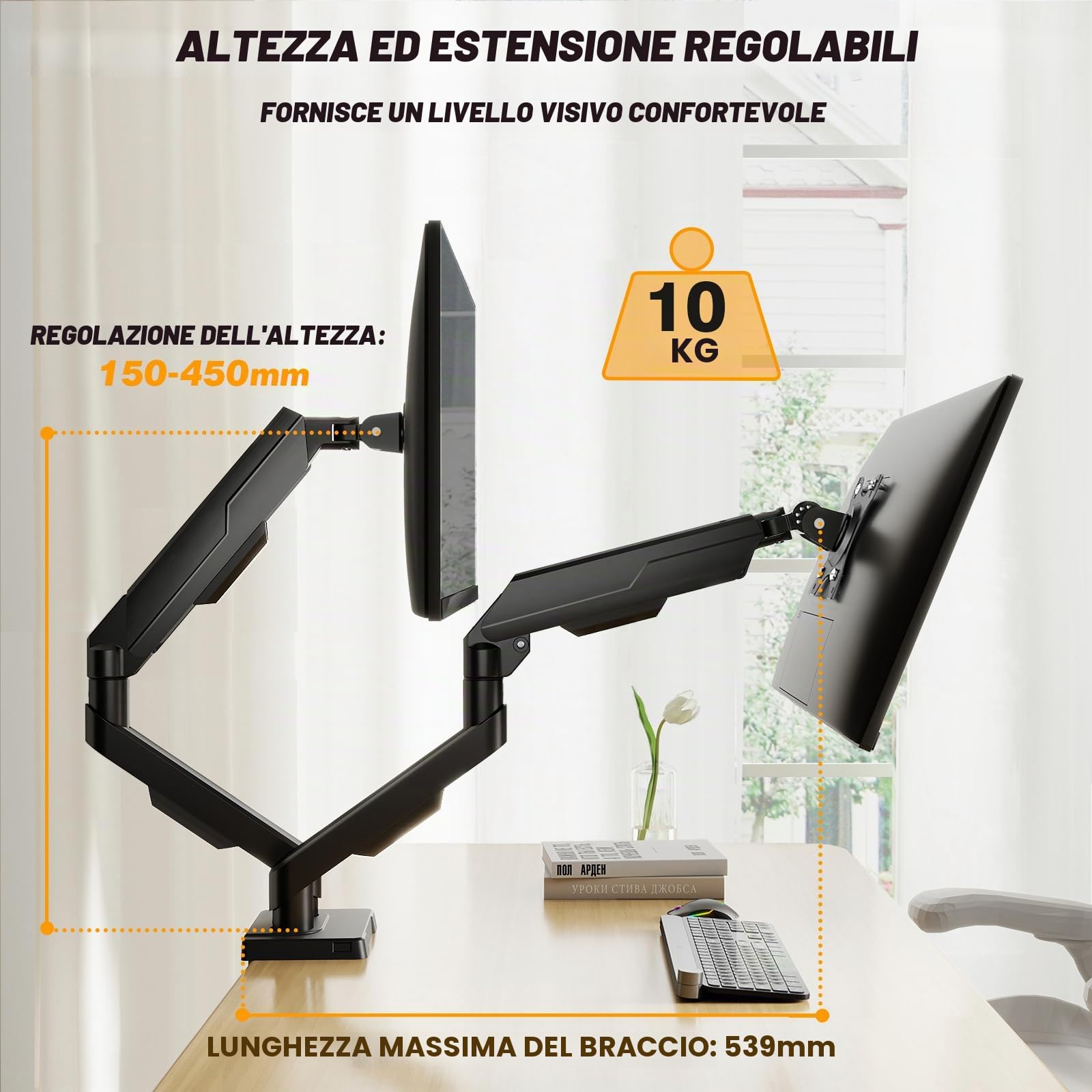 TVON Braccio Doppio Monitor Supporto Schermi 17-35" Montaggio su Banco Reg Altezza 2-10 Kg Schermo Inclinazione Giro Rotazione VESA 75/100 mm Per Home Office