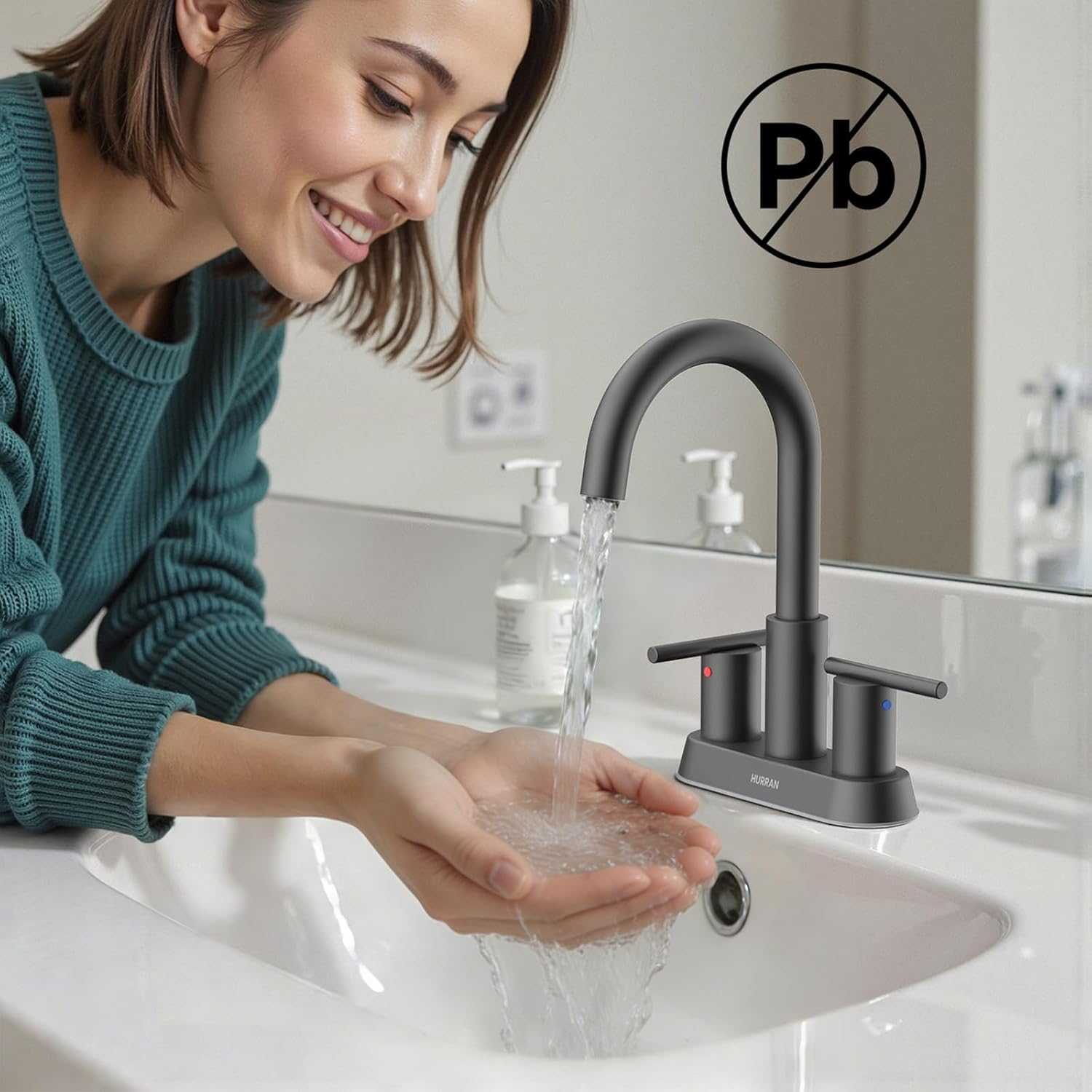 Hurran 4 Inch Bathroom Faucet for Sink 3 Hole, Matte Black Bathroom Faucet with Pop-up Drain and 2 Supply Hoses,Stainless Steel Lead-Free 2-Handle Centerset Faucet for Sink Vanity RV