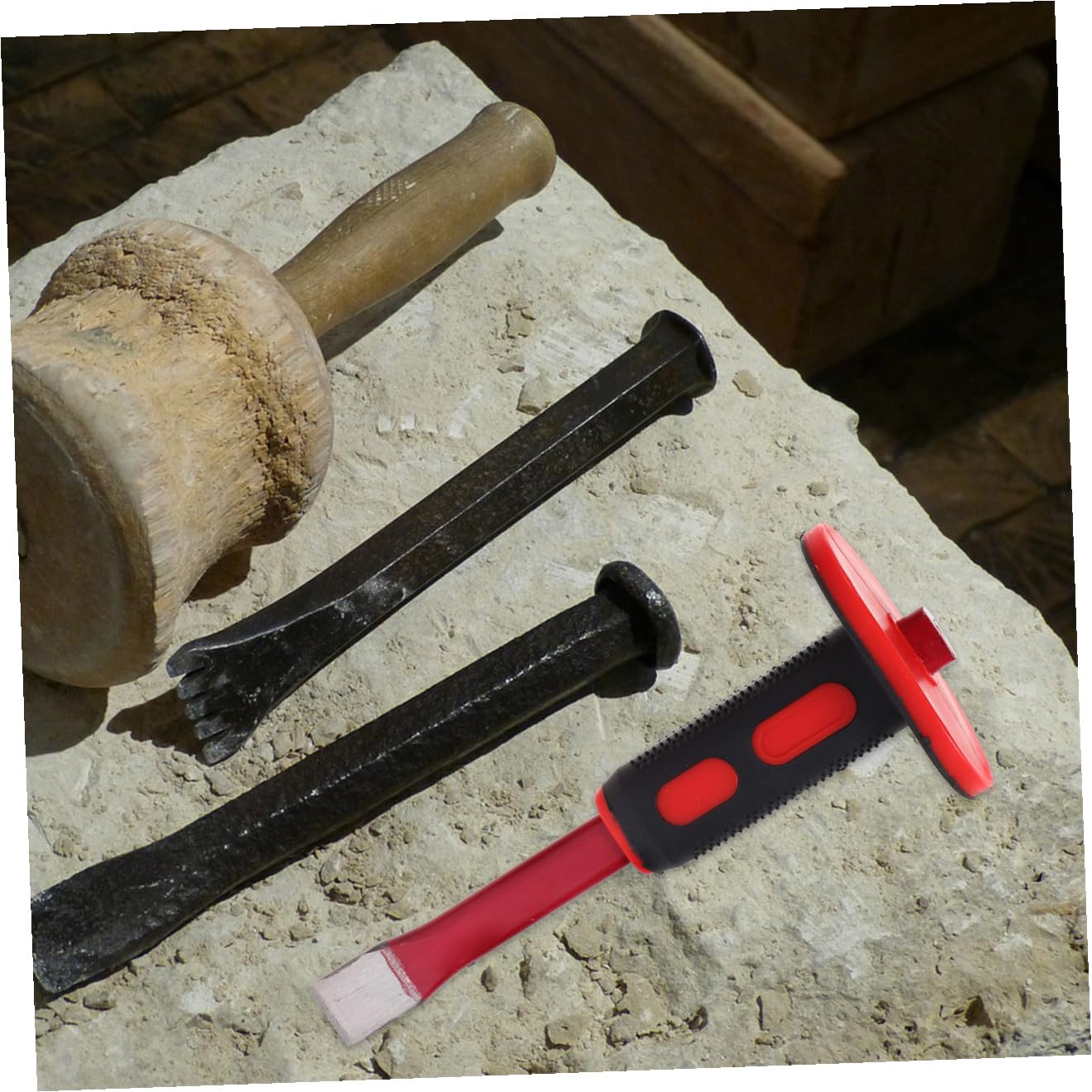 Uonlytech Set di Scalpelli per Demolizione in Acciaio Cromo-vanadio Rosso Impugnatura Antiscivolo e Assorbimento Urti, 2 Pezzi per Muratura e Lavorazione Metalli