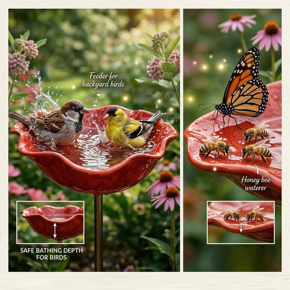 Handgefertigter Blumen-Gartenstecker aus Metall, mit Bienenbad und Vogel-Wassernapf, Bienenbad for den Garten, Bienen-Wasserspender aus Metall mit Blumendesign, bunte Schmetterlings-Bienen-(3PCS)