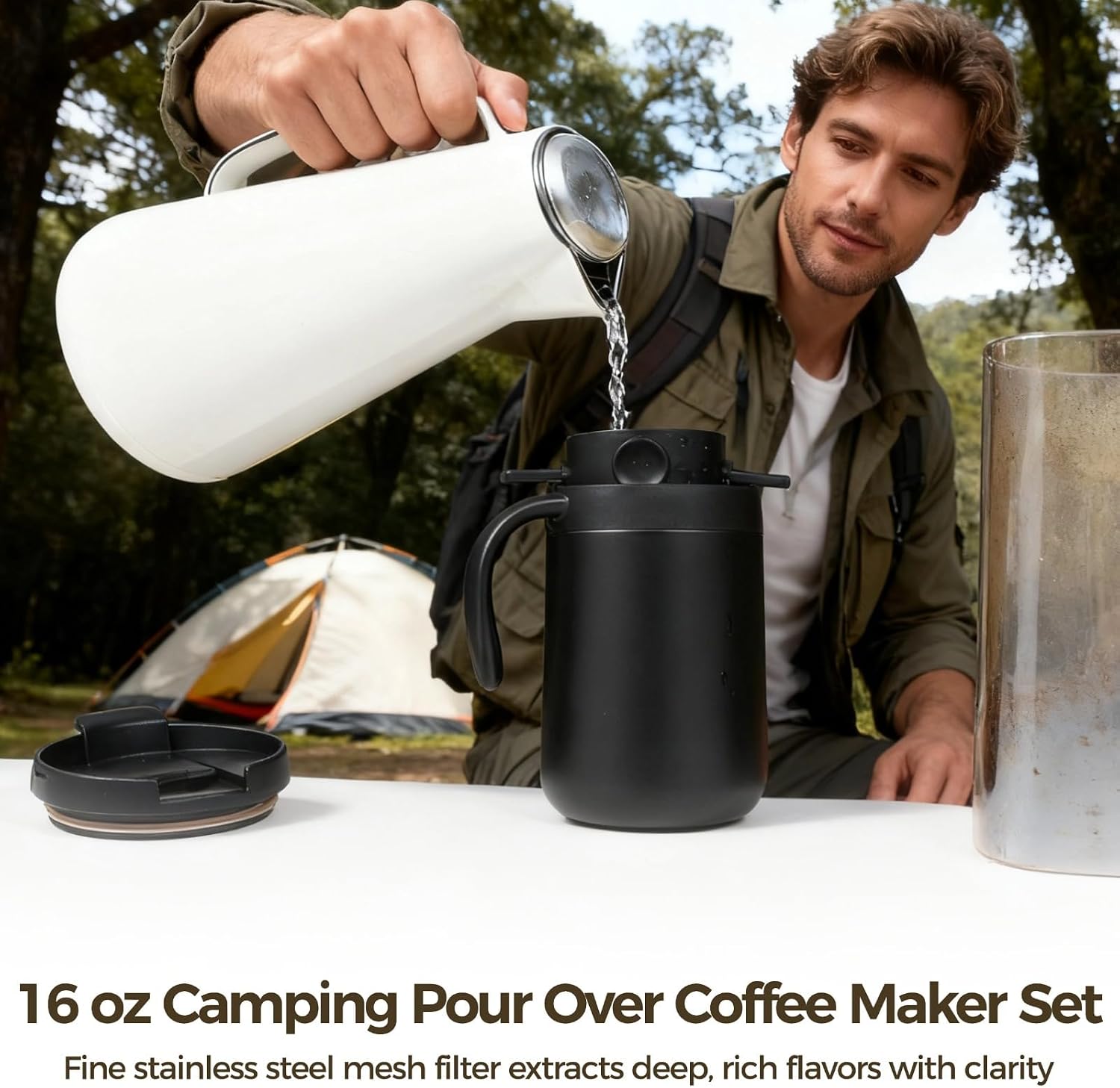 Stainless Steel Pour Over Coffee Maker Camping Set, Quality Design with Spoon and Filter, Great for Travel, Office and Home Use