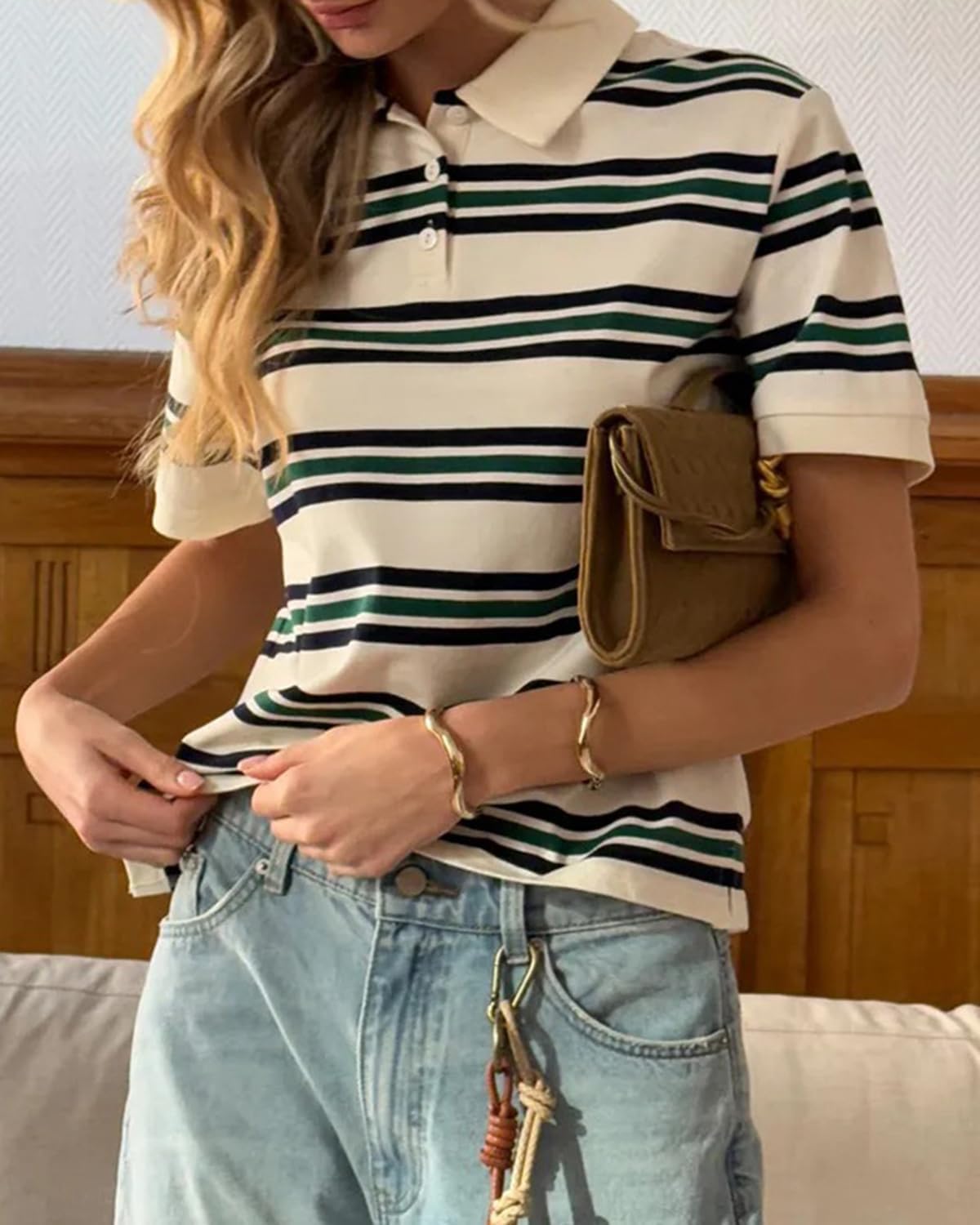 Cioatin Women Y2K Striped Colorblock Button Up Polo T-Shirt Short Sleeve Loose Fit Preppy Aesthetic Tee Tops Summer Outfits - Image 3