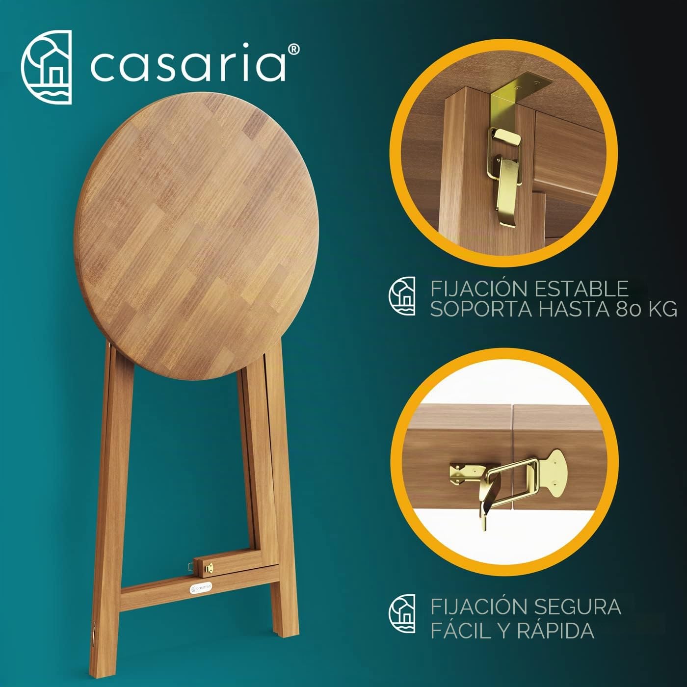 CASARIA® Mesa Alta Plegable de Madera Maciza para Exterior Jardín Eventos Ø80cm Tablero Redondo Color Natural