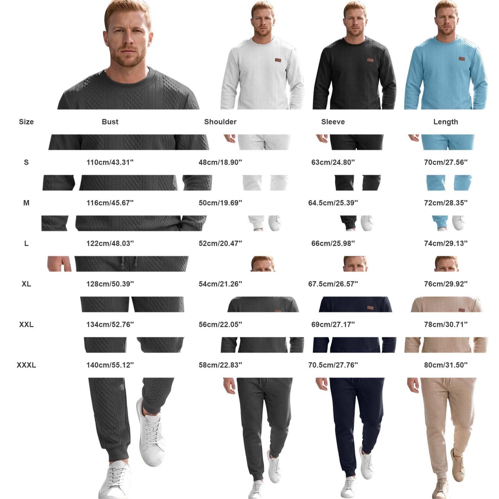 Conjunto de chándal de dos piezas de cuello redondo para hombre | Conjunto completo de sudadera y pantalones deportivos de cintura elástica, estilo casual, texturizados, ajuste holgado