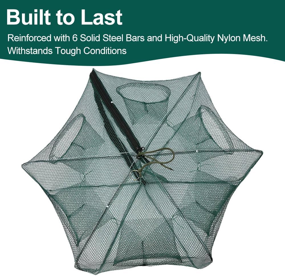 Fishing Trap Net, Fishing Bait Traps Minnow Traps, Bait Traps for Fishing for Bait Fish, Automatic 6 Hole Cast Net Cage Nylon Rope Portable Folded Fishing Net Fish Shrimp Mesh Trap for Fishes Shrimp