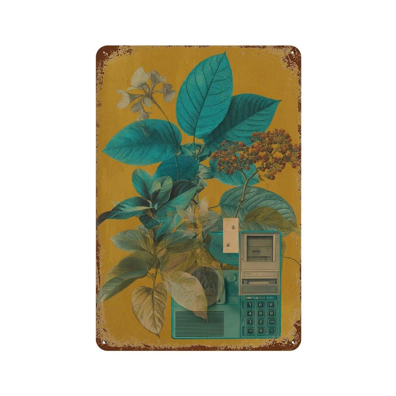 xiaoxiaoshen Retro Botanical Collage Tech Surrealism Mid Century Modern Plant Wall Decor Art Metal Tin Poster Modern Home Decor Art Home Bar Shop Decorations Vintage Sign 30x20cm