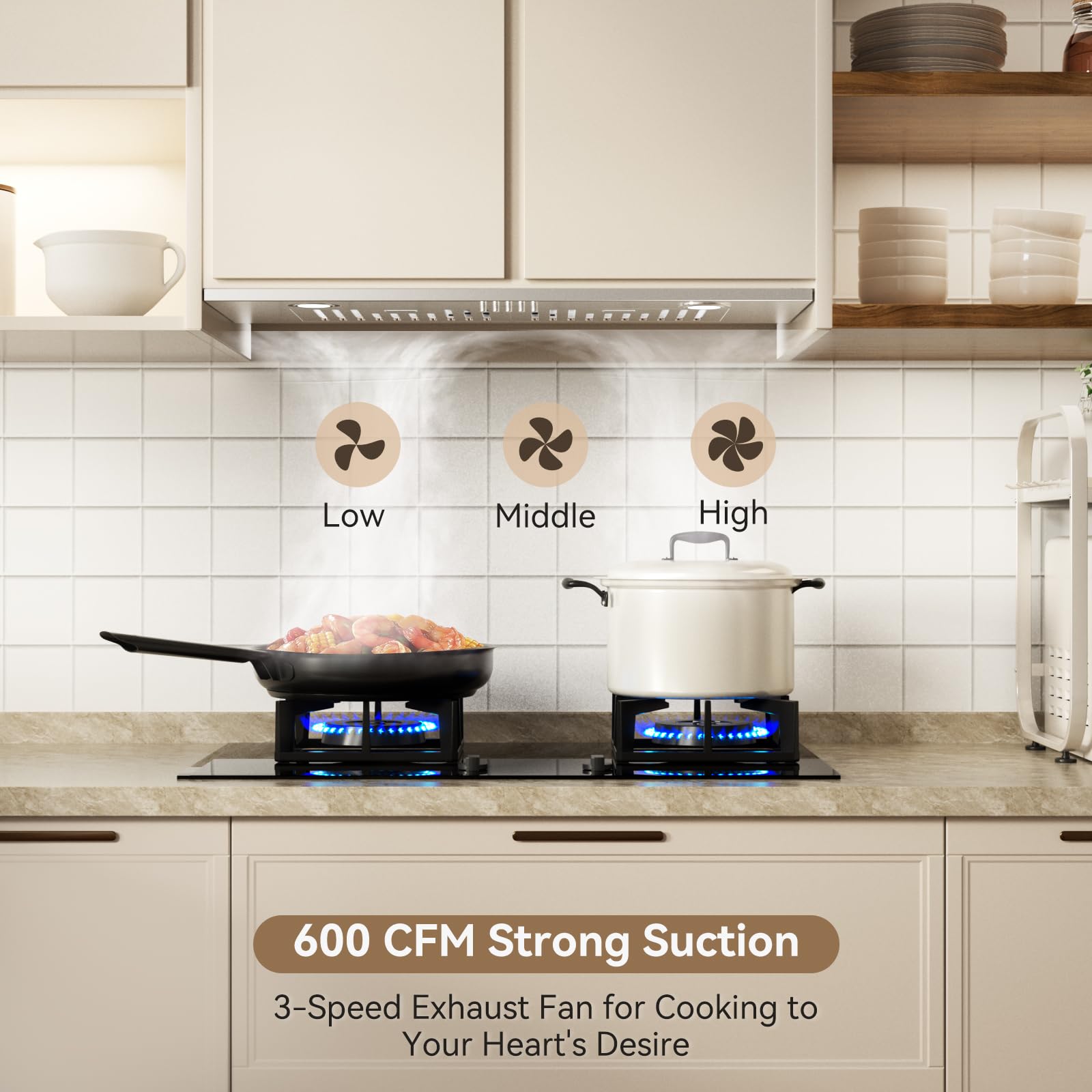 Built-in/Insert Range Hood 30 inch, 600 CFM 3 Speed Vent Hood, Ducted/Ductless Convertible, Stainless Steel Kitchen Exhaust Fan Hood with Bright LED Light, Baffle Filters and Charcoal Filters - 3