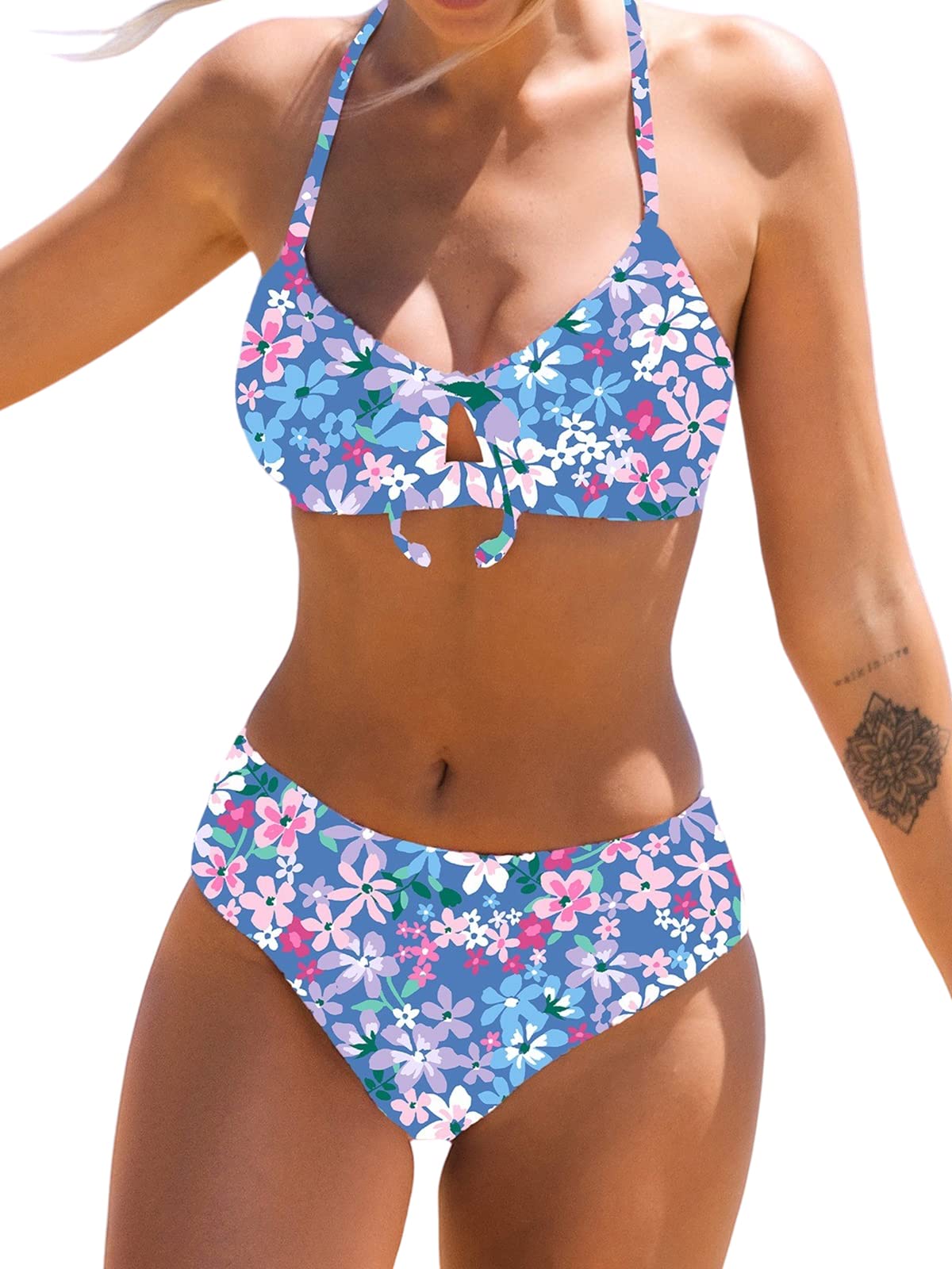 CUPSHEWomen's Bikini Set Two Piece Bathing Suits Scoop Neck Crisscross Back Self Tie Mid Waisted Bottom Floral Cut Out