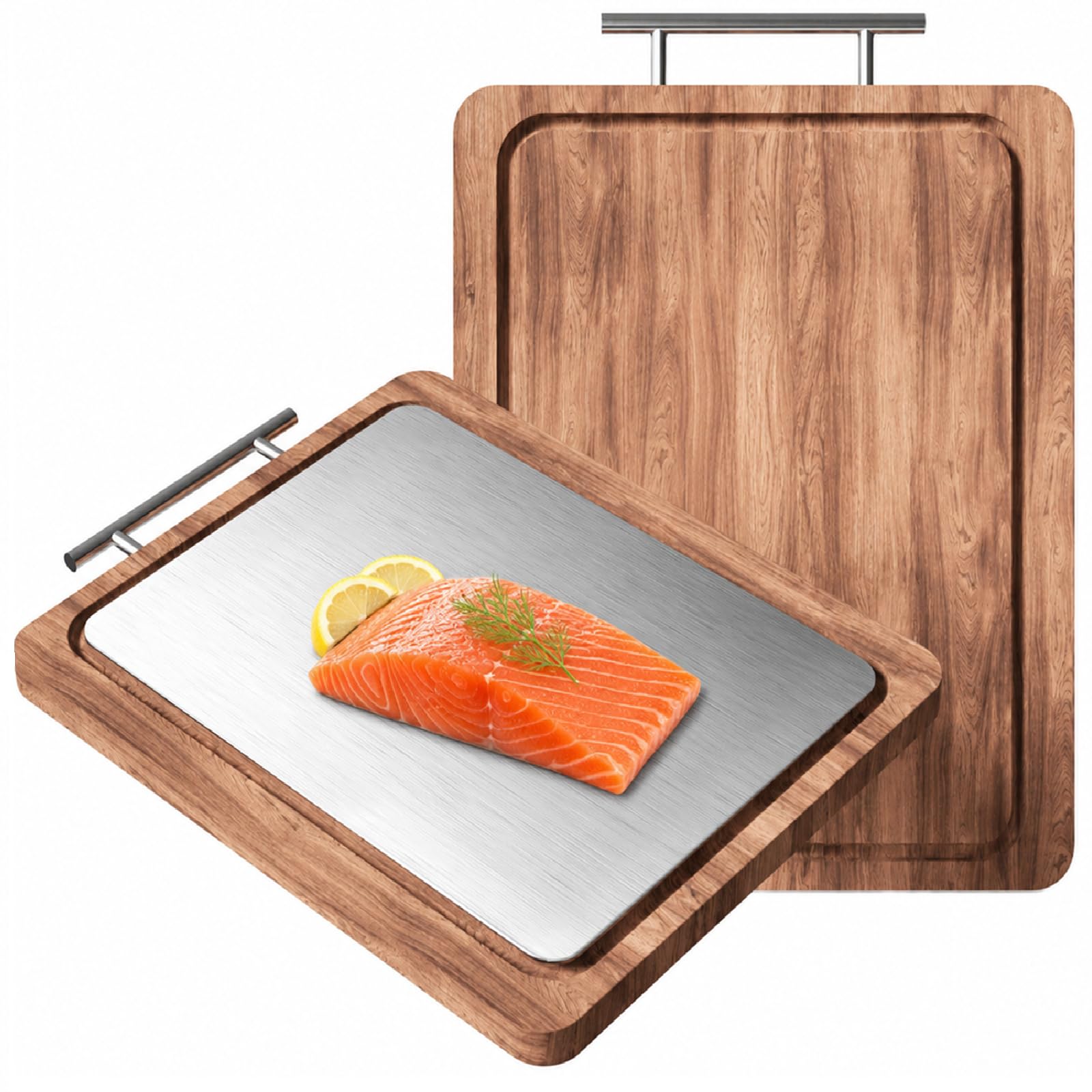 Planche à Découper Double Face Bois d'Acacia & Acier Inoxydable 34x28,5x2cm | 2 en 1, Rigole à Jus, Pour Viande, Poisson, Légumes et Pain