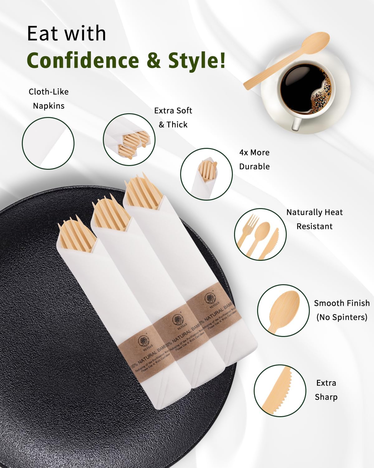 Bamboo Compostable Cutlery Set 50 Pack - Biodegradable Utensils with Forks, Knives, Spoons & Napkins - Eco Friendly Disposable for Wedding, Party & Camping