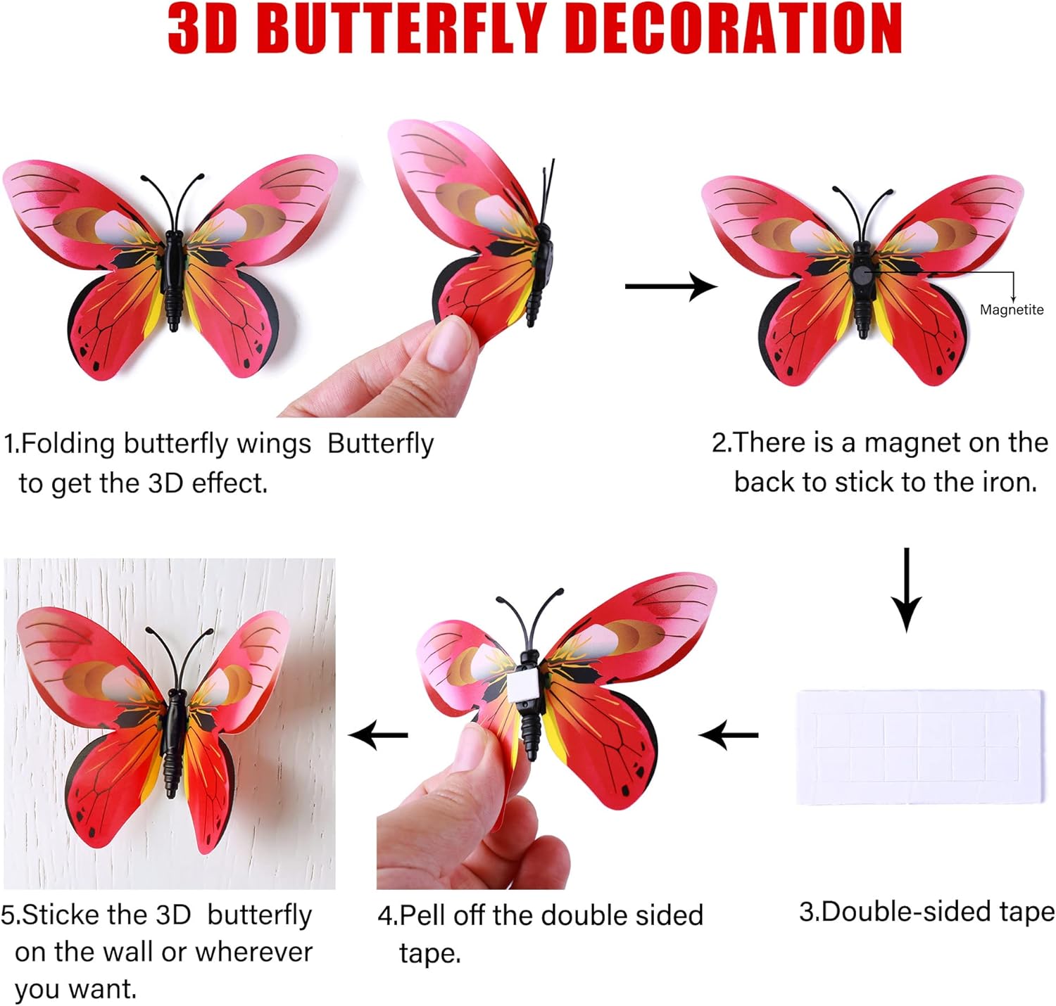 LiveGallery 72 PCS Red Removable 3D DIY Beautiful Butterfly Wall Decals Colorful Butterflies Art Decor Wall Stickers Murals for Kids Baby Boy Girls Bedroom Classroom Offices (Red) : Baby