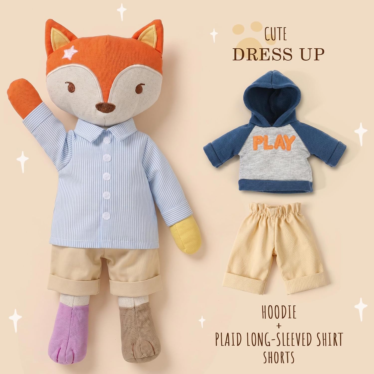 TUZT Fox & Bunny Dress Up Dolls Set with Portable Wardrobe Closet, 2 Stuffed Animals with 4 Dolls Clothes Outfits, Travel Pretend Play Toys Birthday for Girls Boys Age 3 4 5 6 7 8