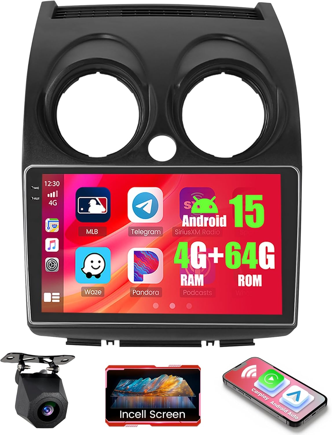 4+64GB Android 15 Car Radio for Nissan Rogue 2007-2015 with Wireless Carplay Android Auto, Realdio 9" in-Cell Touch Screen for Rogue WiFi Bluetooth5.0 GPS FM/RDS EQ Backup Camera MIC