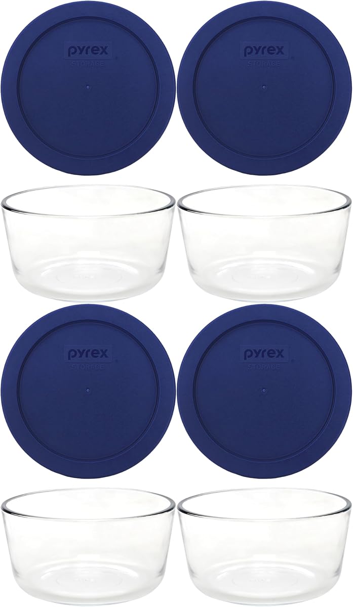 7201 4-Cup Glass Bowl & 7201-PC Dark Blue Lid (4-Pack) - Made in USA | Tempered Material | Press-On Closure | Easy Cleaning | Heat Resistant | Reusable Storage