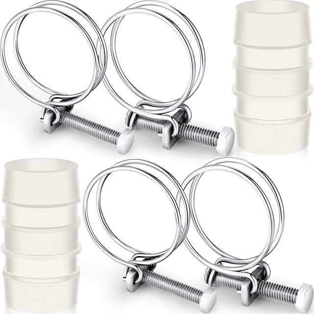 4 Pieces Double Wire Hose Clips Adjustable Stainless Steel Hose Clamps with 2 Pieces Inline Pond Hose Jointer (32 mm/ 1.25 inch)