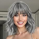 Nnzes Short Wavy Bob Wig with Bangs for Women Shoulder Length Curly Salt-and-Pepper Synthetic Heat-Resistant Fiber Hair for Daily & Party Use