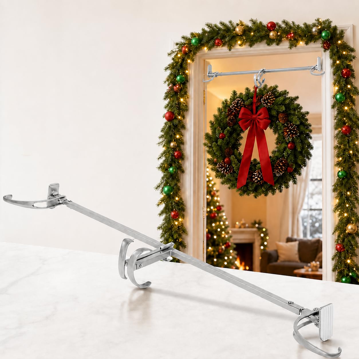 Adjustable Garland Hanger for Front Door, Adjustable to Different Door Widths, Wreath Holder Christmas, Halloween DecorationsNoScrews/Drilling Damage-Free InstallationGarland Doors
