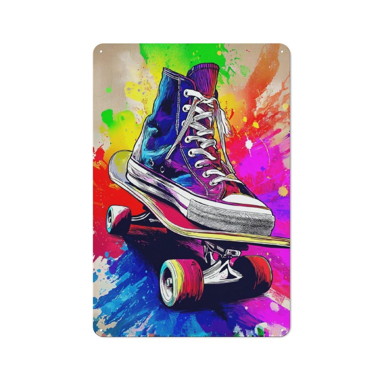 Junmoney Colorful Skateboard Art Retro Metal Sign With Design 30X20cm, Distressed Look Retro Room Decor For Living Room, Hallway, Kitchen Or Cafe