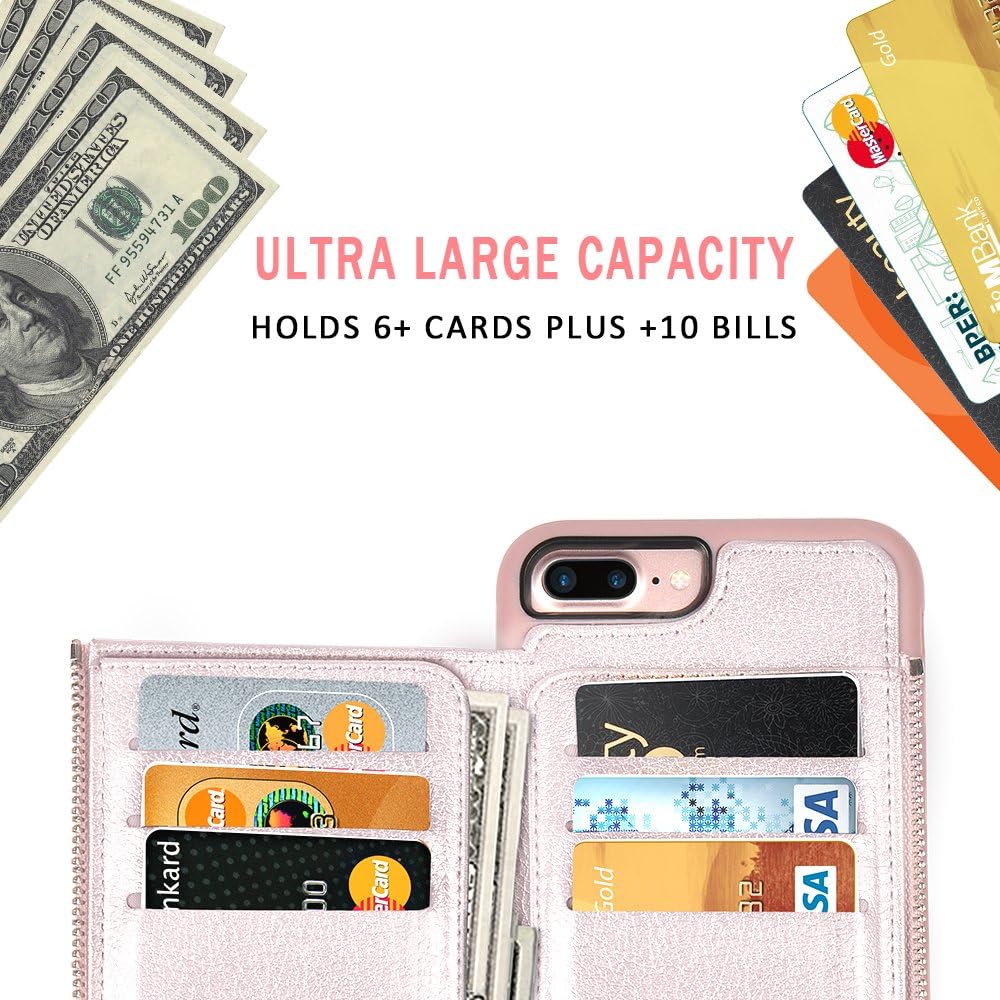 LAMEEKU iPhone 7 Plus Zipper Wallet Case, iPhone 8 Plus Leather Case, Apple 7 Plus Credit Card Holder Slot case with Money Pocket, Protective Cover Compatible for Apple iPhone 7 Plus/8 Plus-Rose Gold